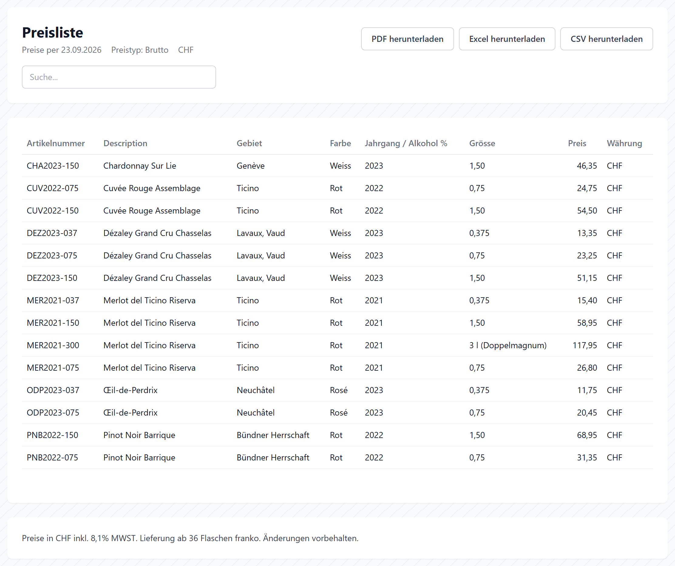 Die öffentliche Preislisten-Seite im Browser: «Preise per»-Datum, Preistyp und Währung, Suchfeld, Artikeltabelle, die Schaltflächen PDF / Excel / CSV herunterladen und die Fusszeile.
