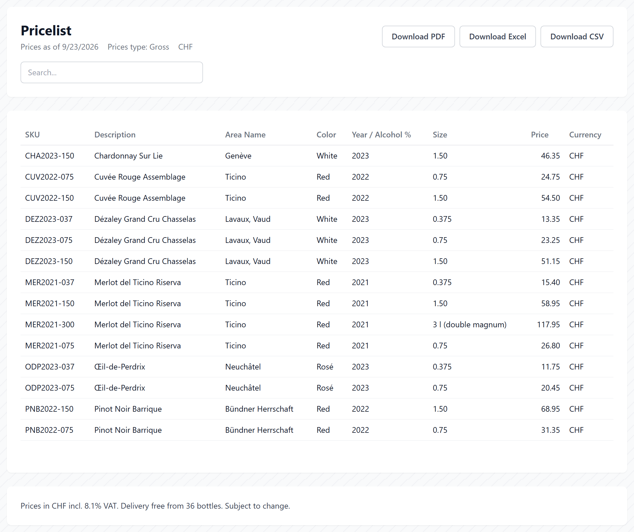 url: en=p/pricelist/demo-pricelist-bellavista|de=p/pricelist/demo-pricelist-vinothek
crop: body > div > *
maxheight: 2400
The public pricelist page in a browser: the "Prices as of" date, net/gross and currency, the search box, the article table, the Download PDF / Excel / CSV buttons and the footer.