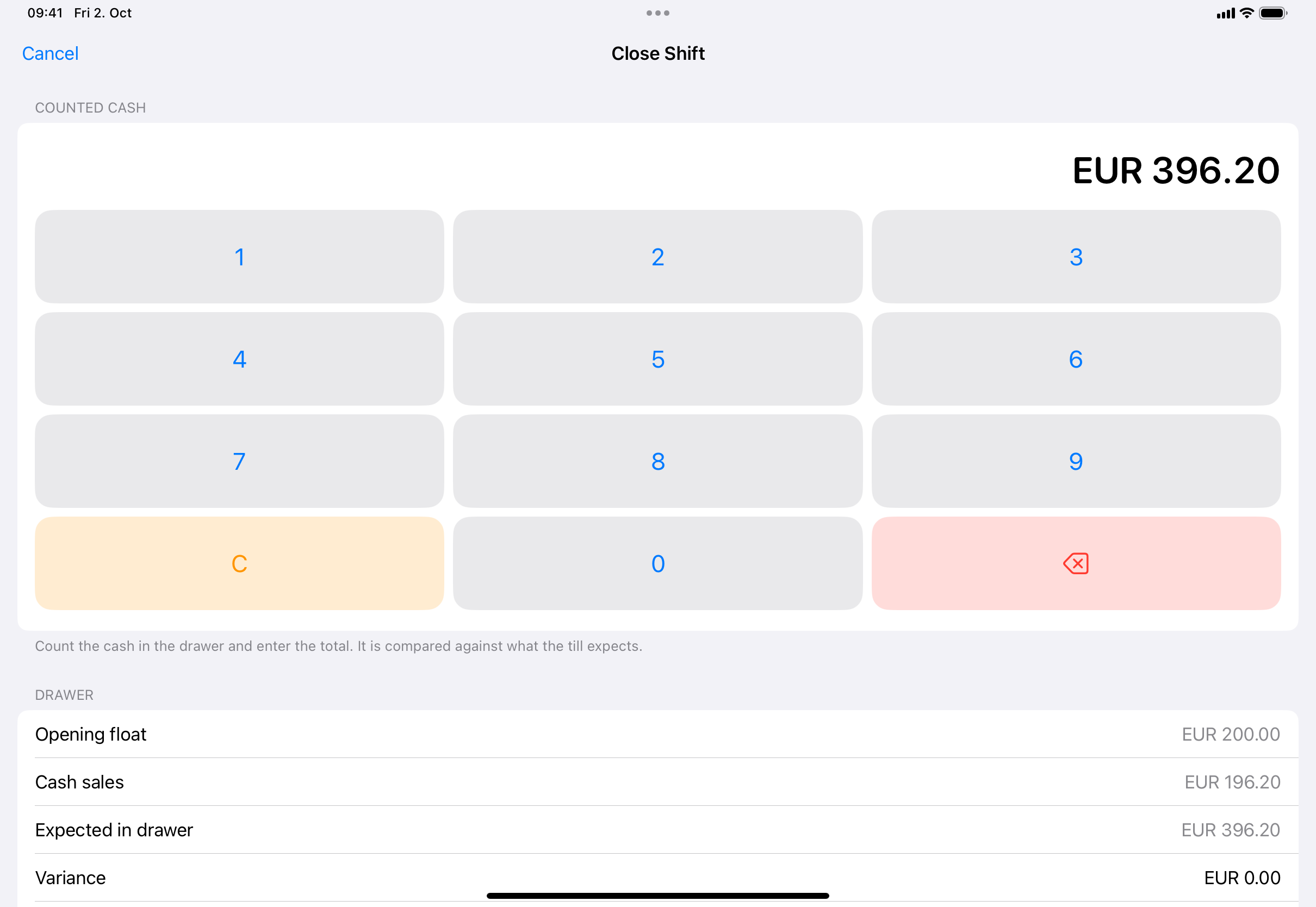 The Close Shift screen with the Counted cash keypad and the Drawer section showing Opening float, Cash sales, Expected in drawer and Variance.