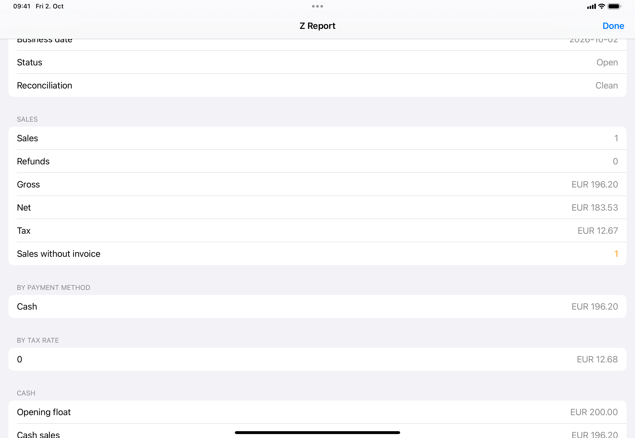 The Z Report screen with the Status, Reconciliation, Sales, By Payment Method, By Tax Rate and Cash sections.