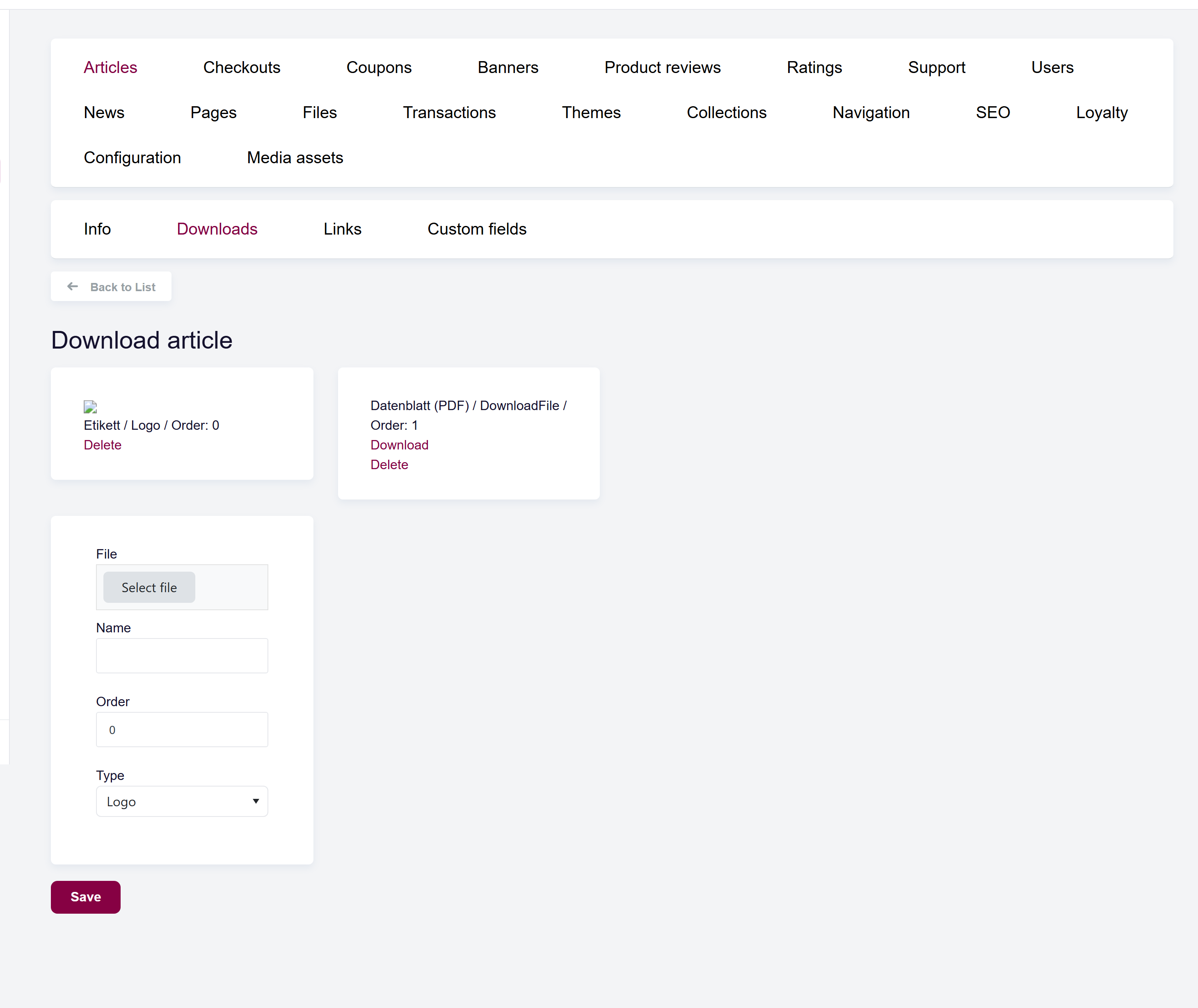 url: shop/articles
steps:
  - openFirst: a.grid-action-item[href*="/shop/articles/edit/" i]
  - openFirst: .main-sub-tabs a[href*="/articles/downloads/" i]
The Downloads tab with an uploaded shop image and a downloadable file.