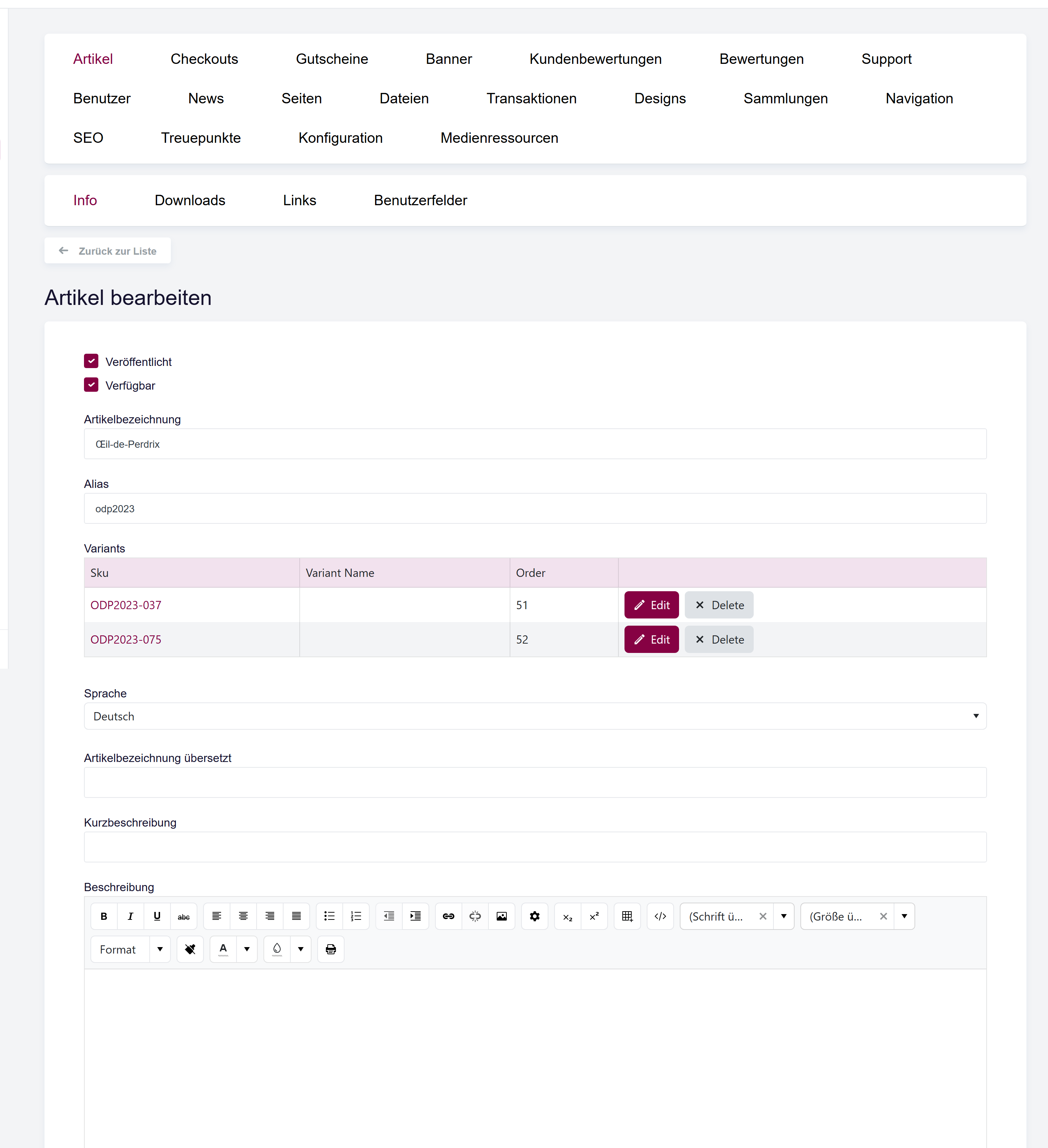 Der Tab Info mit den Checkboxen Veröffentlicht und Verfügbar sowie den Feldern Name, Alias und Flag.