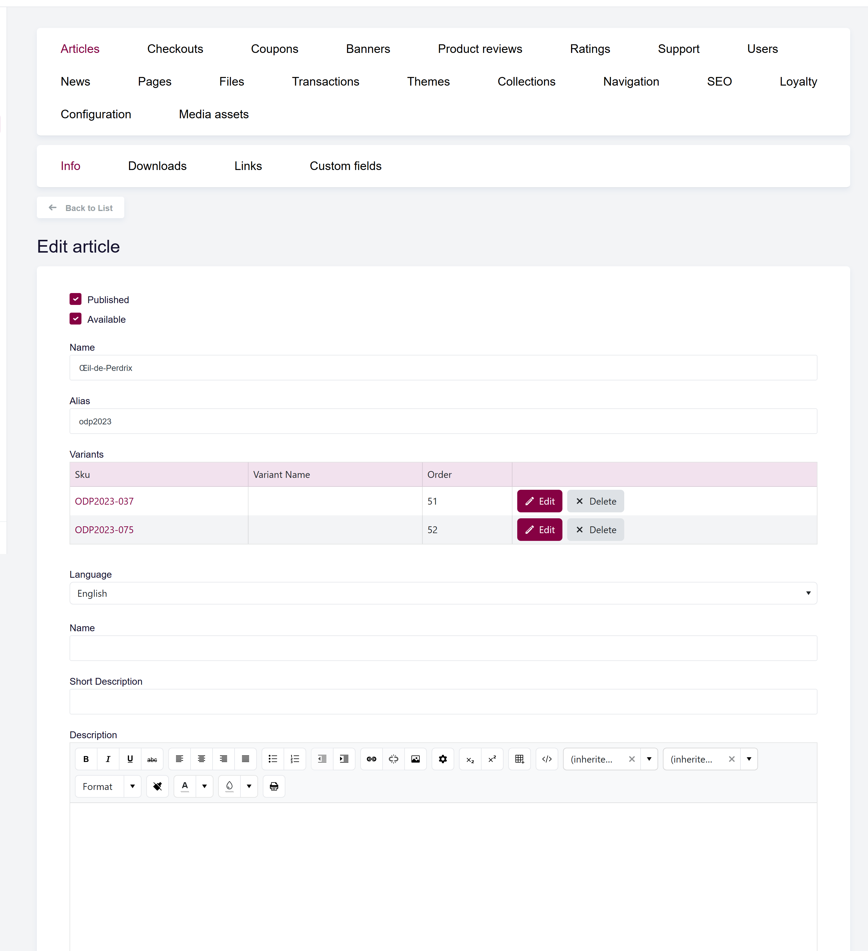 url: shop/articles
steps:
  - openFirst: a.grid-action-item[href*="/shop/articles/edit/" i]
The Info tab with the Published and Available checkboxes, Name, Alias, and Flag fields.
