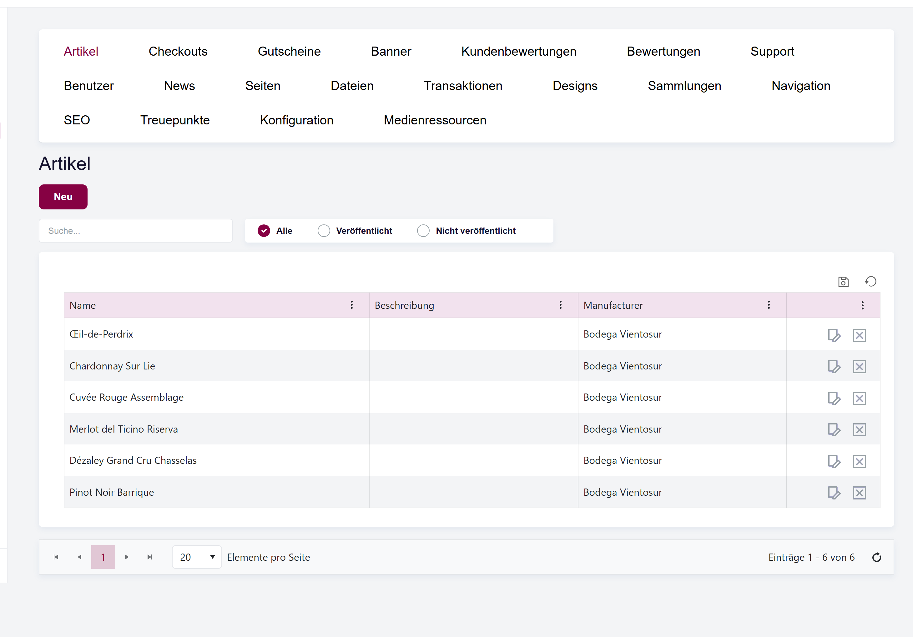 Der Bereich Shop in Vinosoft mit seiner Hauptliste und den Tabs.