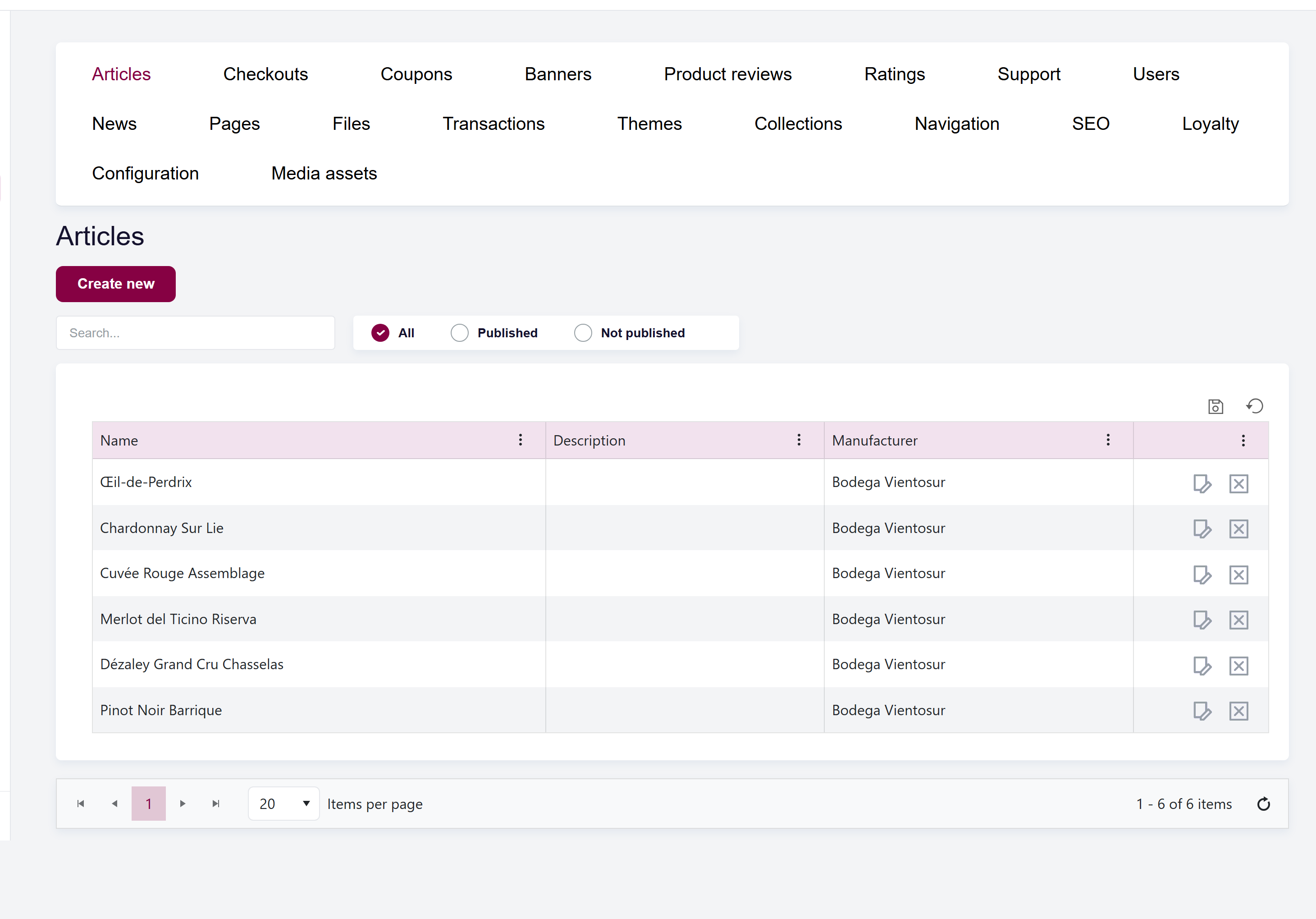 url: shop/articles
The Shop area open in Vinosoft, showing its main list and tabs.