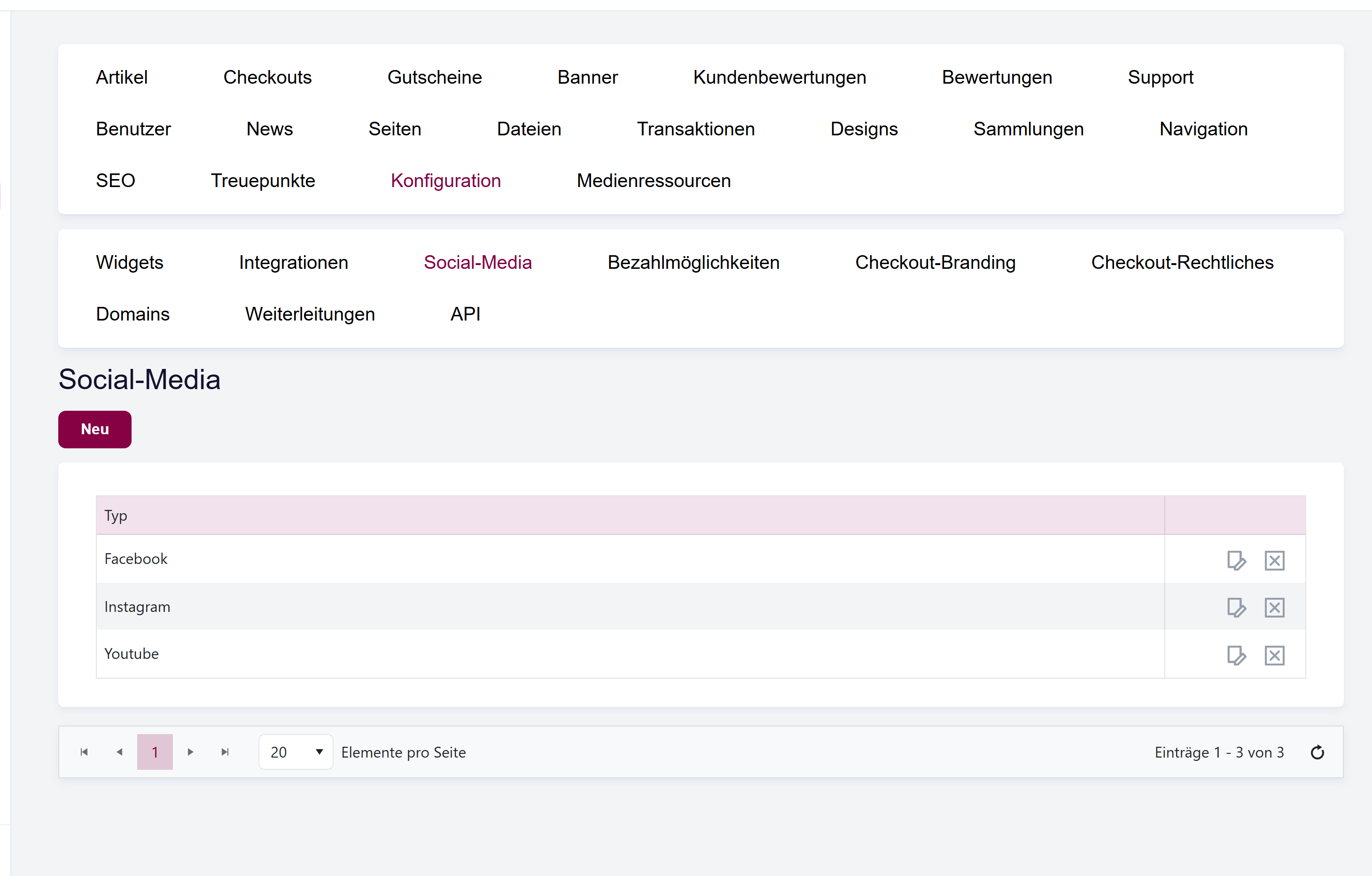Die Liste der Social-Media-Links mit Netzwerktyp, URL und Zeilenaktionen.