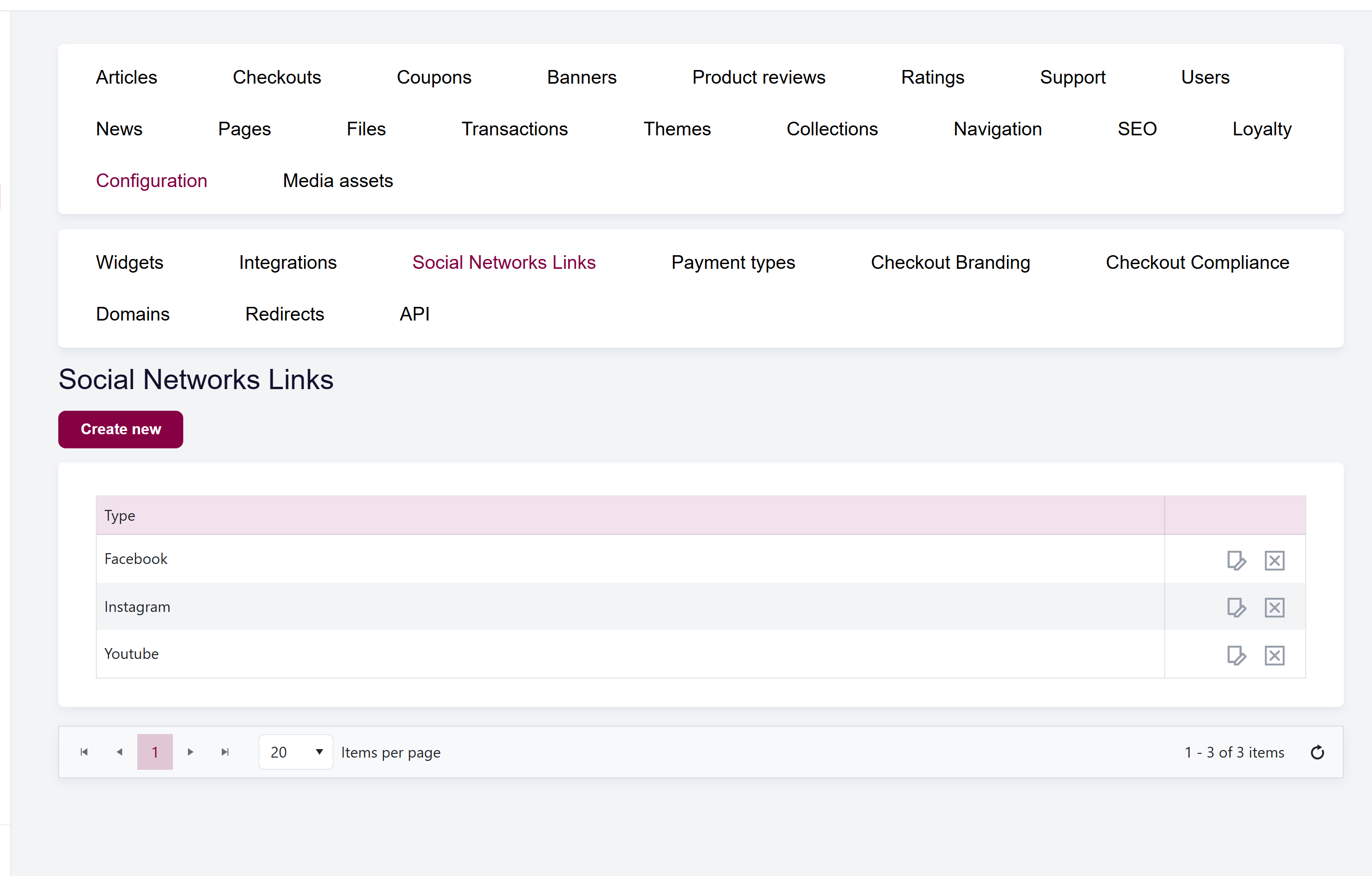url: shop/socialnetworklinks
The Social network links list with the network type, URL, and row actions.