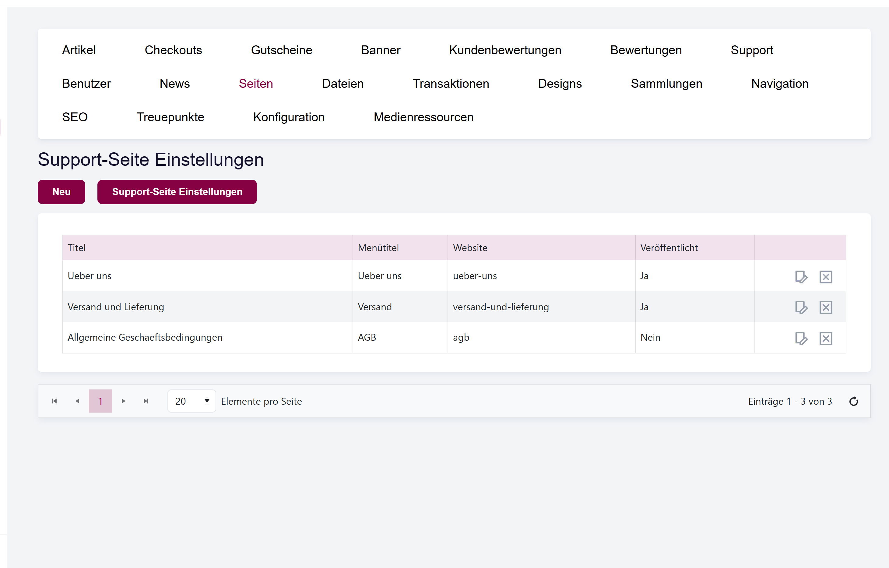 Die Liste der statischen Seiten mit den Spalten Titel, Menütitel, Url und Veröffentlicht sowie der Schaltfläche Neu erstellen.