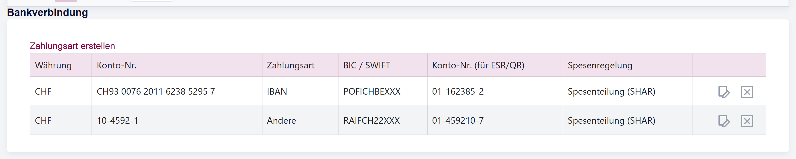 Der Abschnitt Bankverbindung bei einem Lieferanten mit der Kontoliste und der Schaltfläche «Neu erstellen».