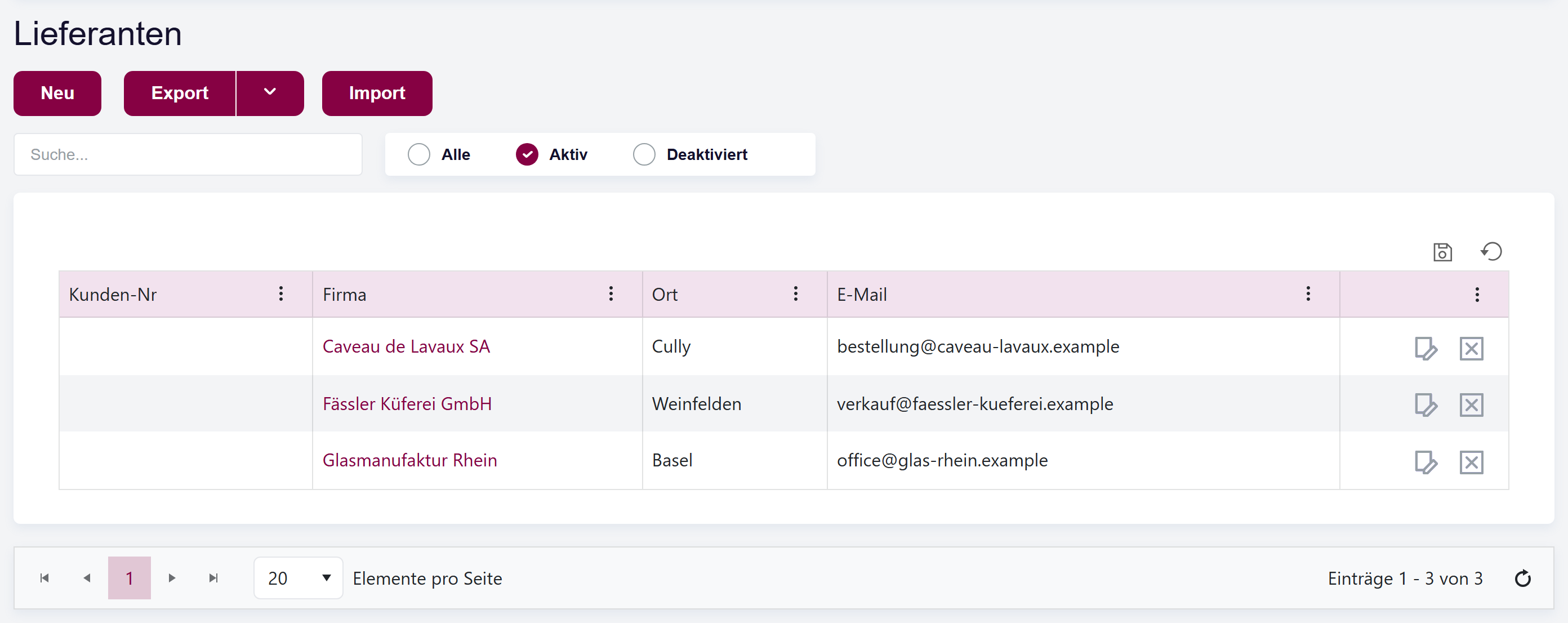 Die Lieferantenliste in Vinosoft mit Lieferantendatensätzen und den Aktionen Erstellen / Import / Export.