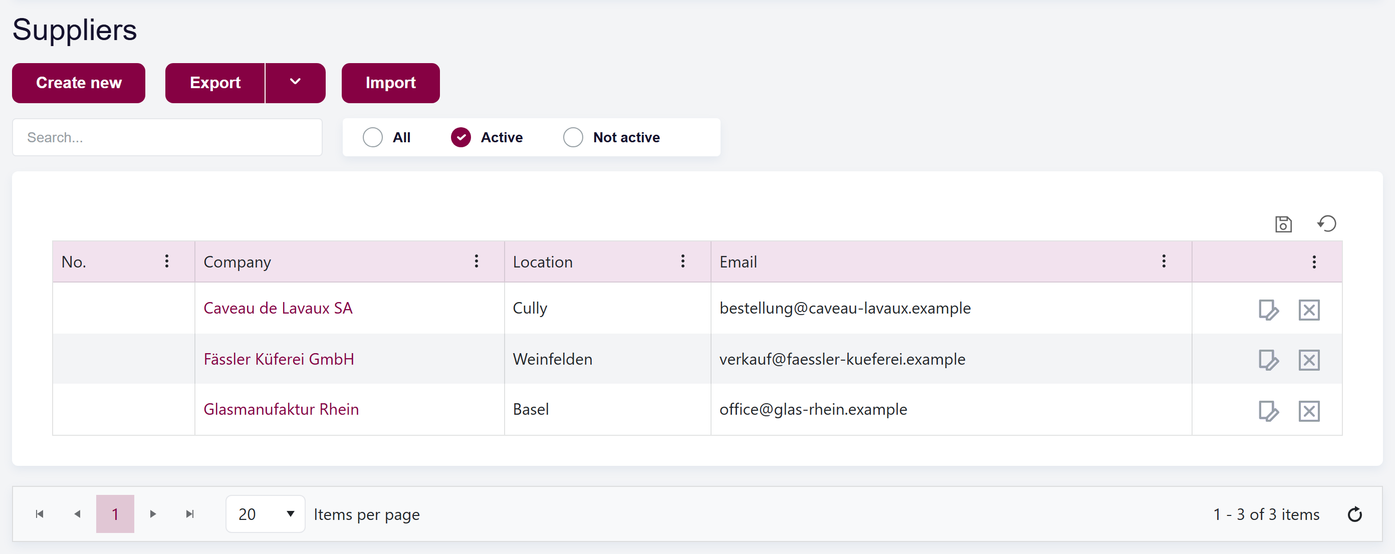 url: addresses/supplieraddress
crop: .content-container
The Suppliers list open in Vinosoft, showing supplier records and the Create / Import / Export actions.