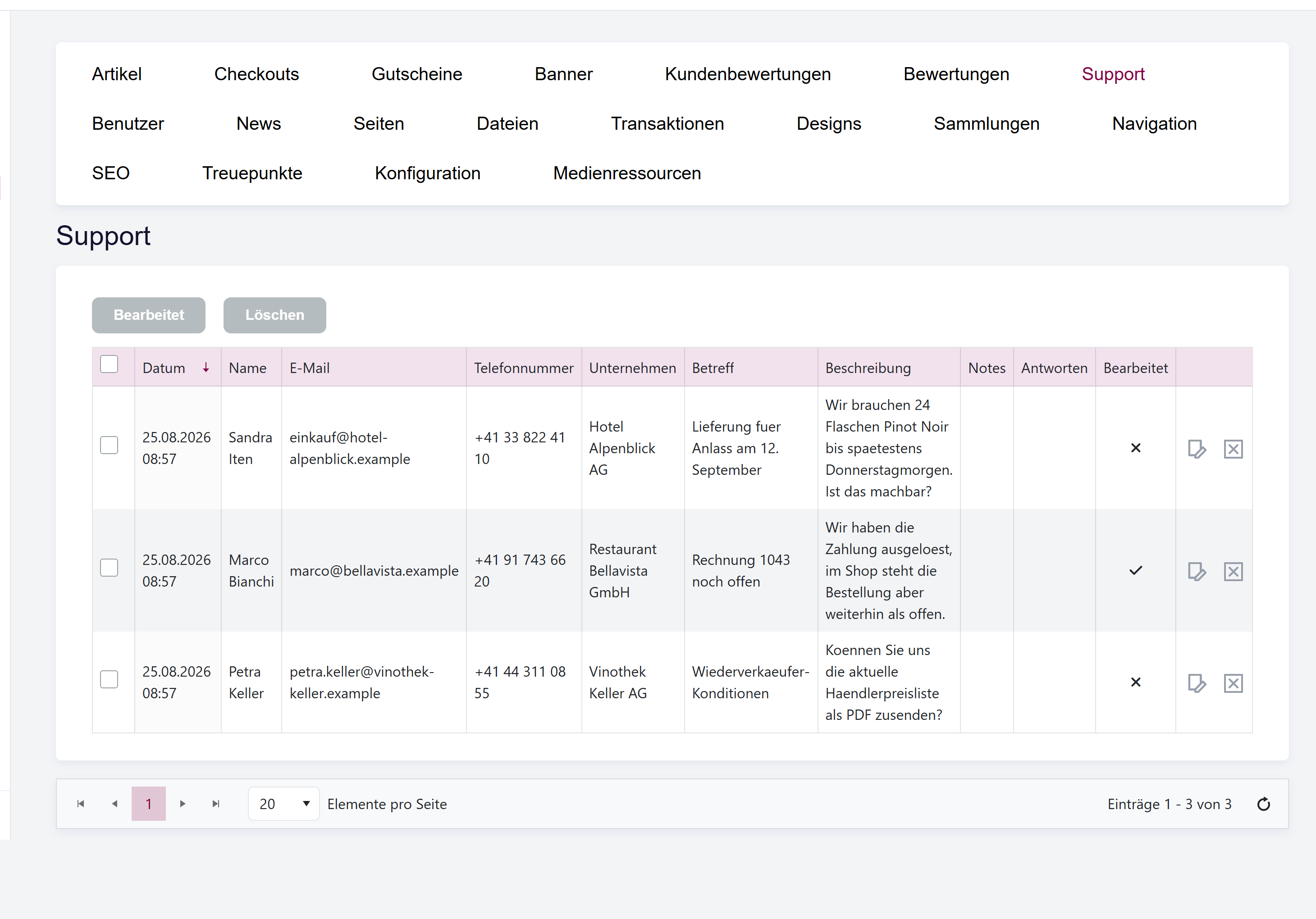 Die Shop-Support-Liste mit einer Anfragezeile, der Spalte Bearbeitet und den Batch-Aktionsschaltflächen über dem Raster.