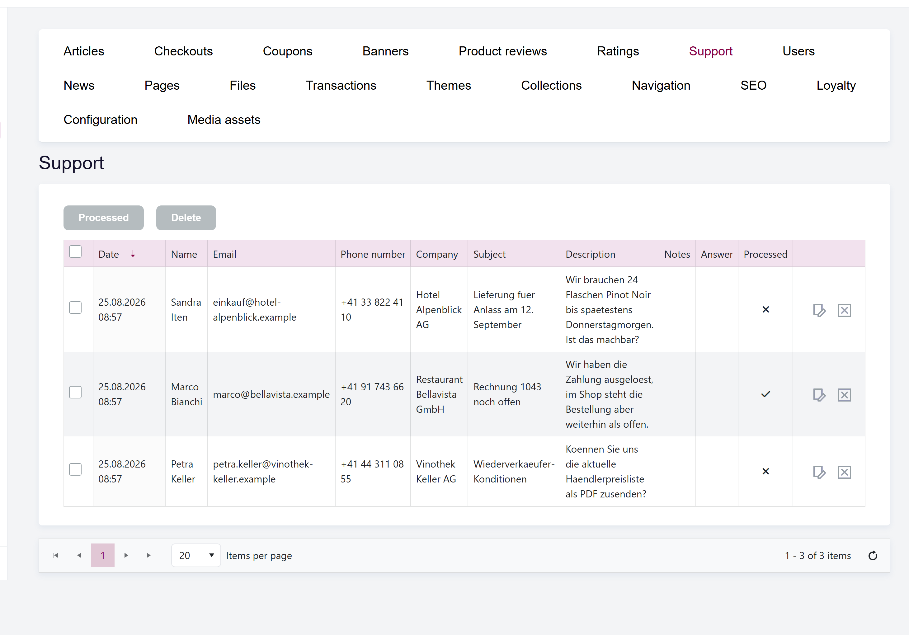 url: shop/supportrequest
The Shop Support list with a request row, its Processed column, and the batch action buttons above the grid.