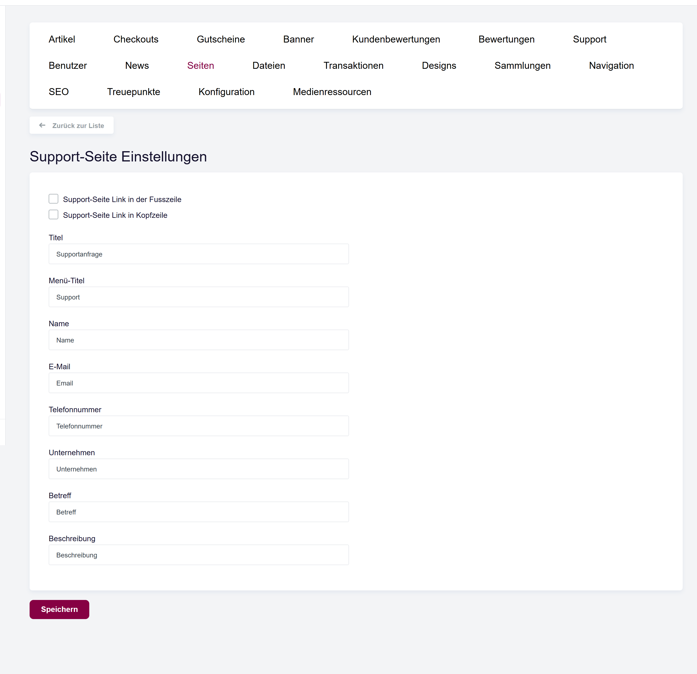 Das Formular der Support-Seiten-Einstellungen mit den Checkboxen für Header-/Footer-Link und den Eingabefeldern für die Feldbezeichnungen.
