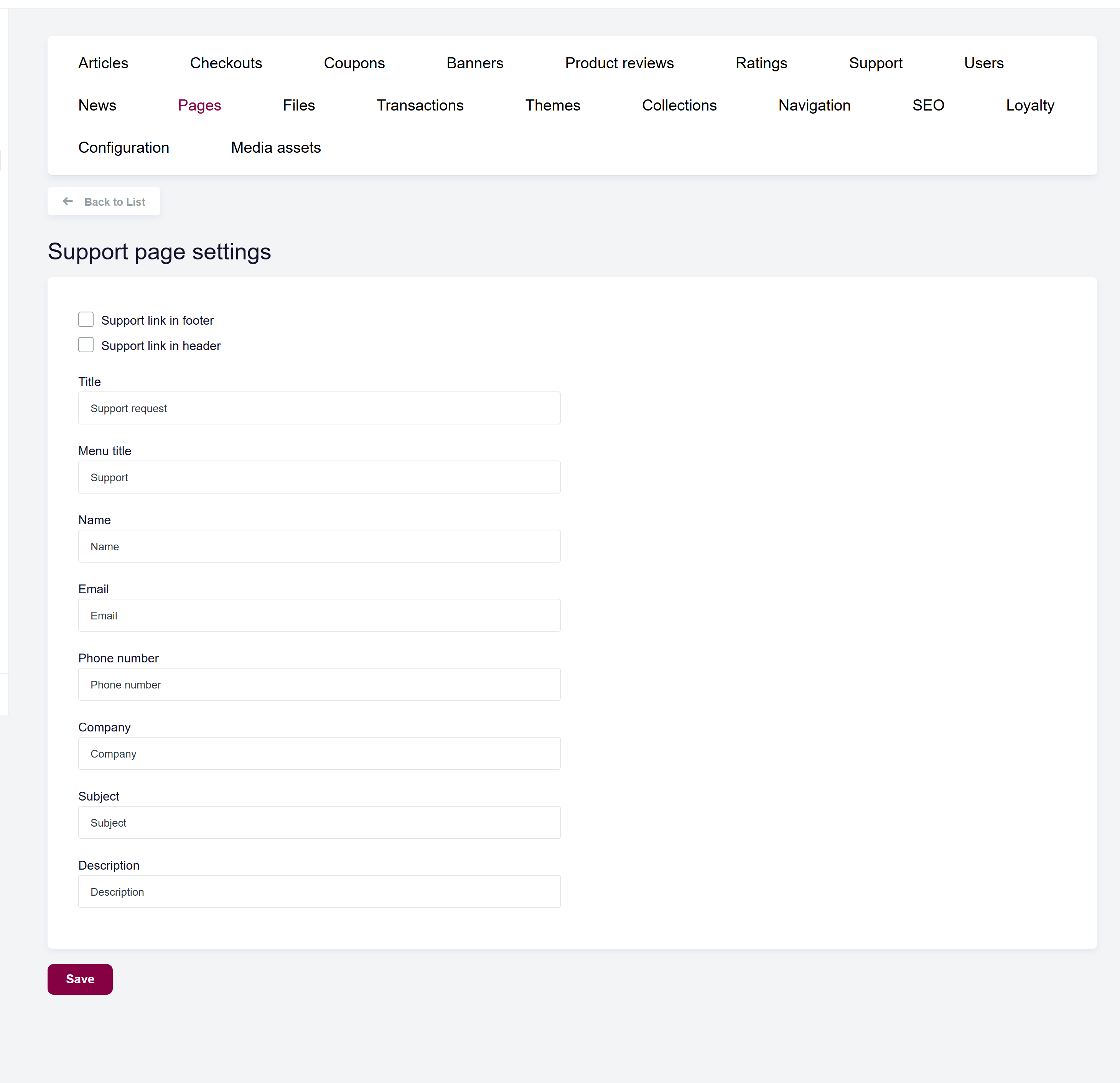 url: shop/staticpages/supportpageconfiguration
The Support page settings form with the header/footer link checkboxes and the field label inputs.