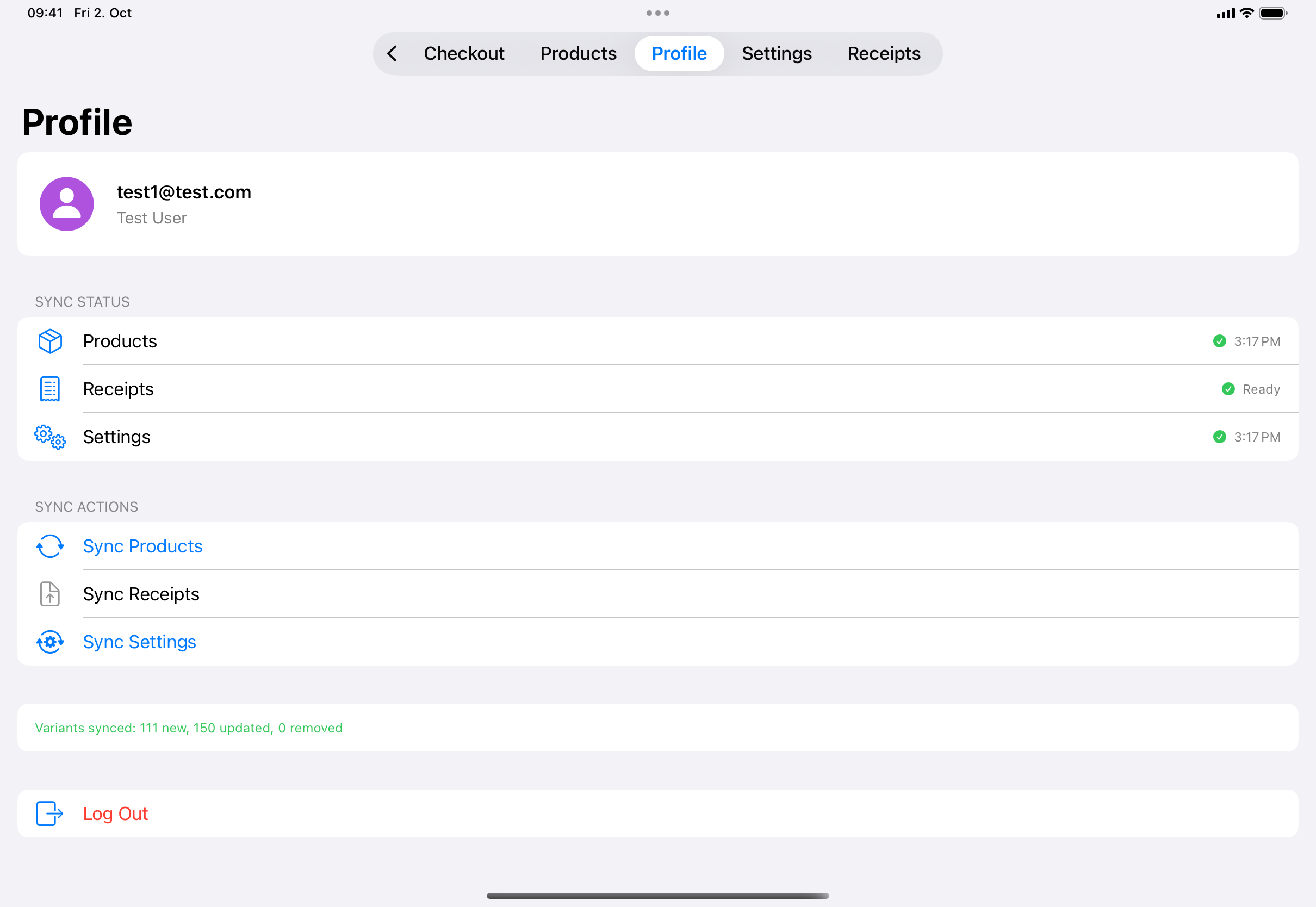 The Profile tab with the signed-in user, the Sync Status rows (Products, Receipts, Settings), the Sync Actions (Sync Products, Sync Receipts, Sync Settings), a sync summary and Log Out.