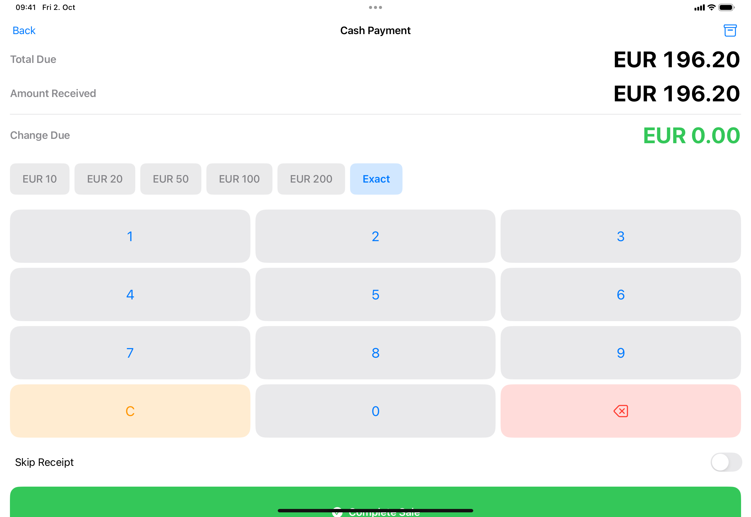 The Cash Payment screen with Total Due, Amount Received and Change Due, the quick amount buttons (EUR 10 to EUR 200 and Exact), the keypad, the Skip Receipt switch and the green Complete Sale button.