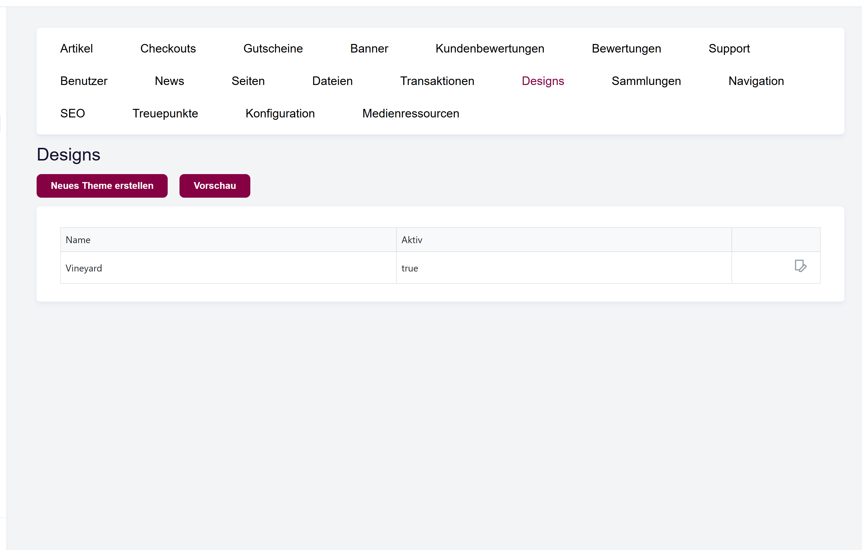 Der Bildschirm Themes mit der Liste der Themes und ihrem Status.
