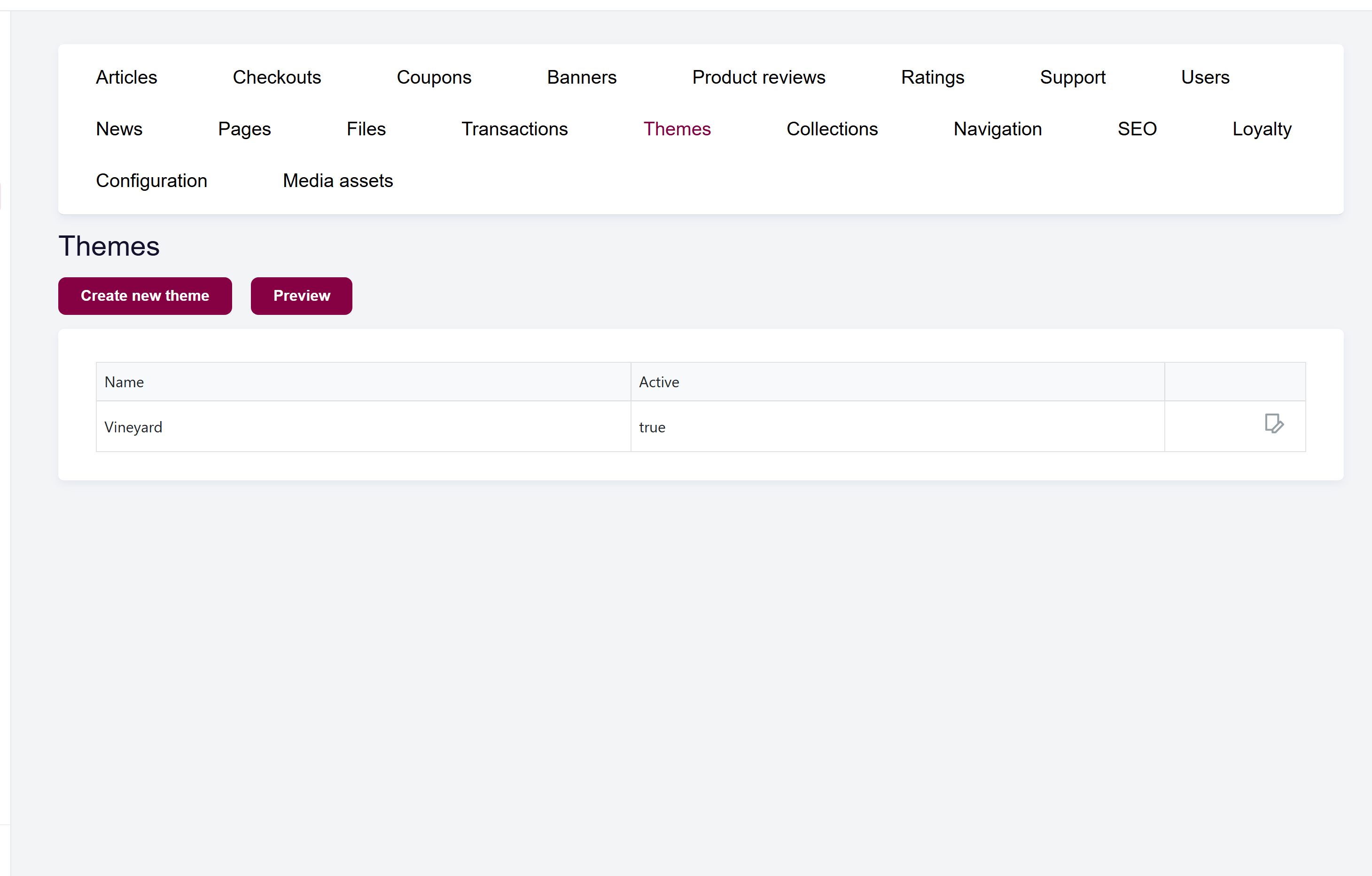 url: shop/theme
The Themes screen with the list of themes and their status.