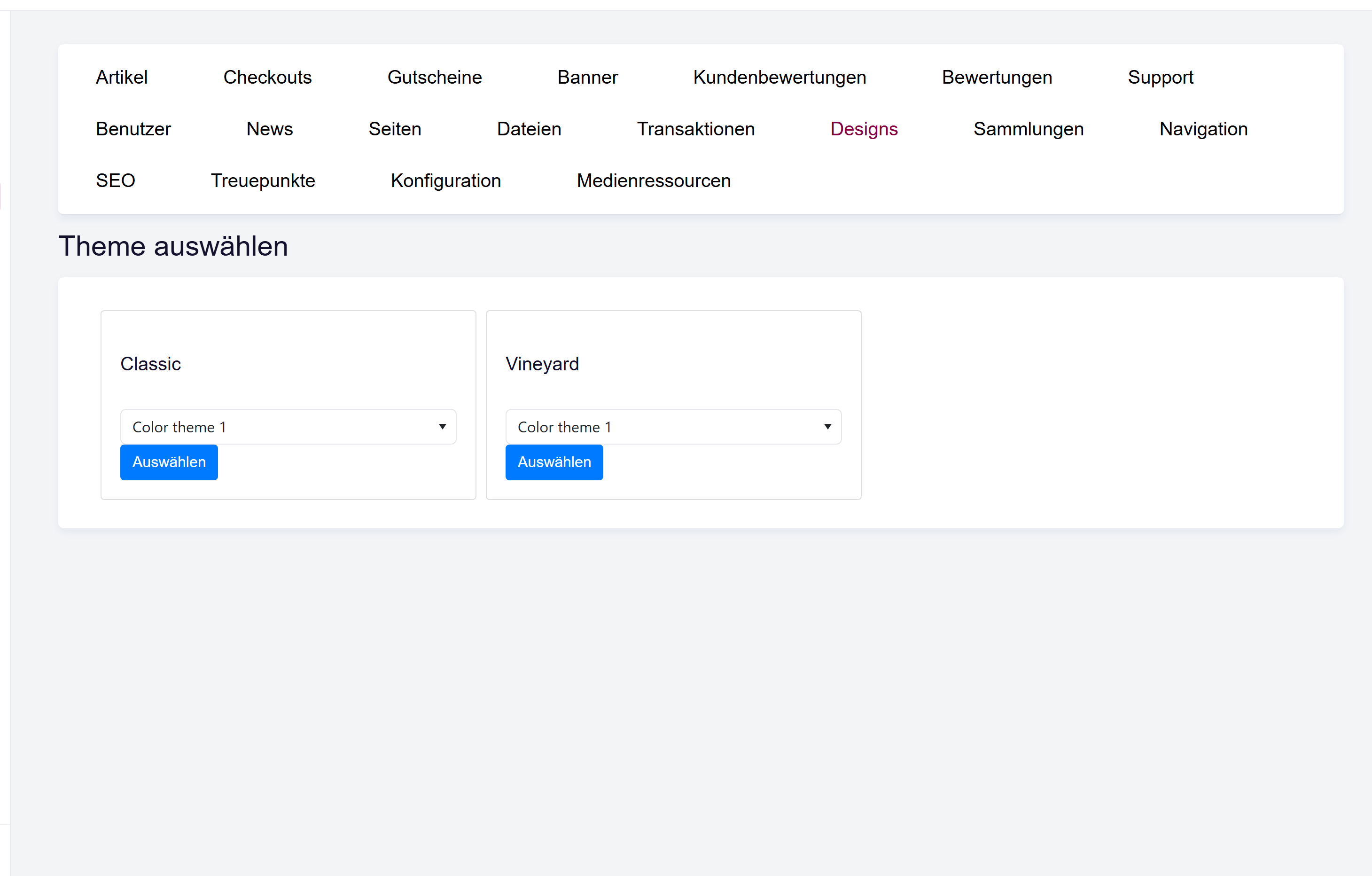 Die Theme-Bibliothek mit Theme-Karten, jeweils mit Vorschaubild und optionaler Asset-Variante.
