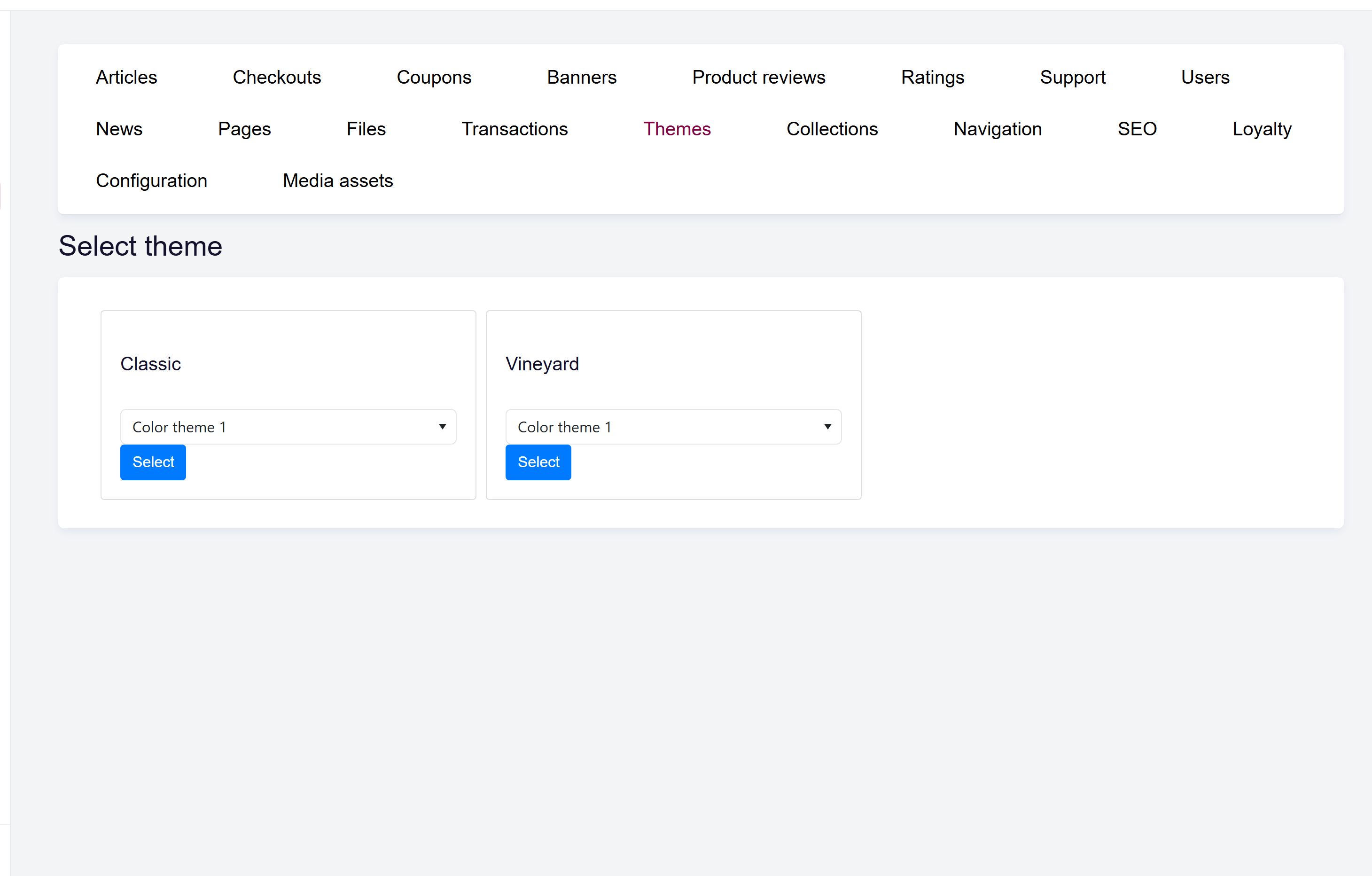 url: shop/theme/create
hide: img.card-img-top
The theme library with theme cards, each showing a preview image and an optional asset variant.