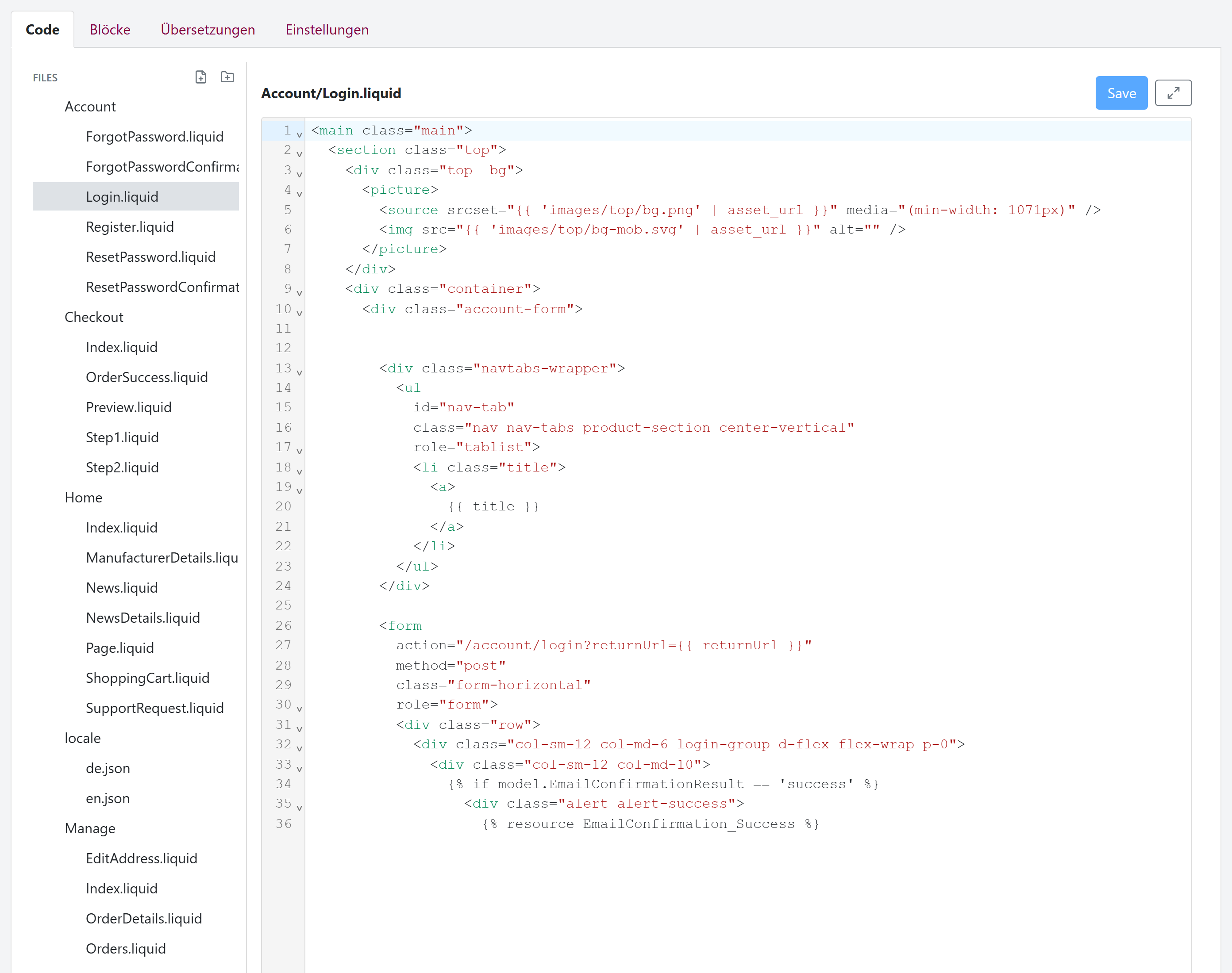 Der Theme-Dateieditor mit dem Dateibaum auf einer Seite und dem Code-Editor mit dem Inhalt der ausgewählten Datei.
