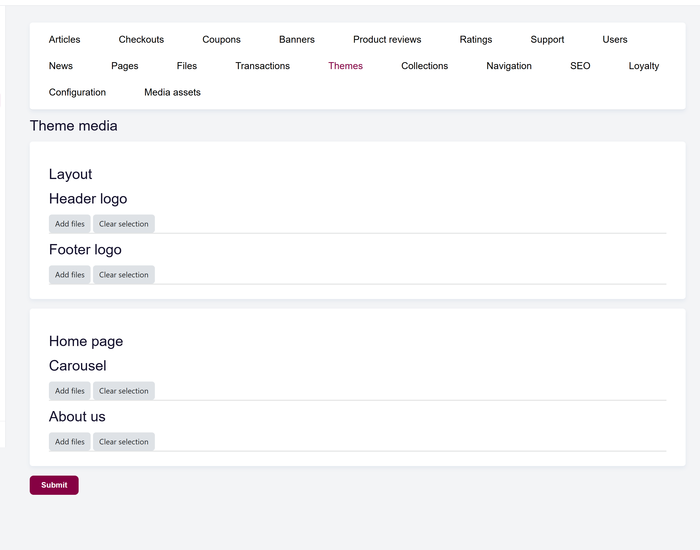 url: shop/theme
steps:
  - openFirst: a.grid-action-item[href*="/shop/theme/edit/" i]
  - openFirst: a[href*="/shop/theme/media/" i]
The theme Media screen with an image group and its selected files.
