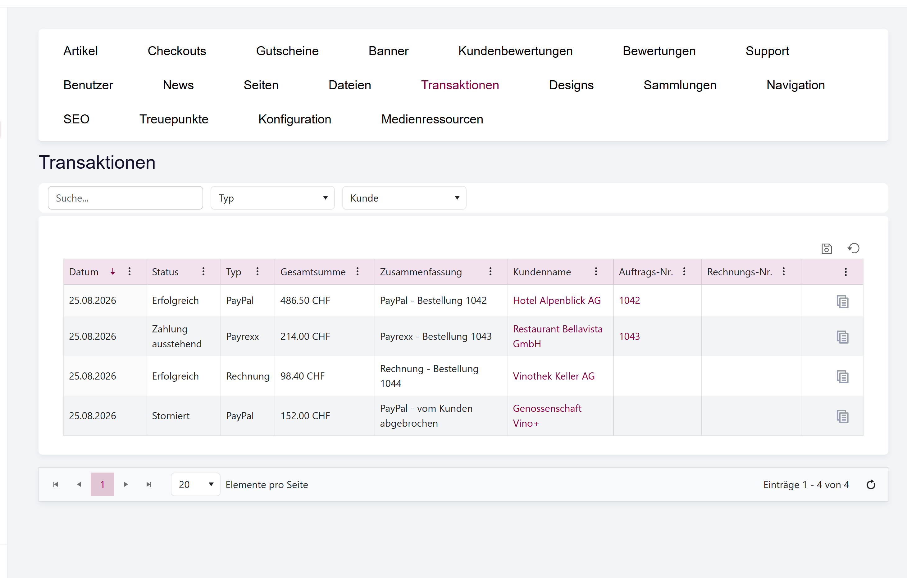 Die Transaktionsliste mit den Spalten Datum, Status, Typ, Total und Zusammenfassung sowie der Filterleiste über dem Raster.