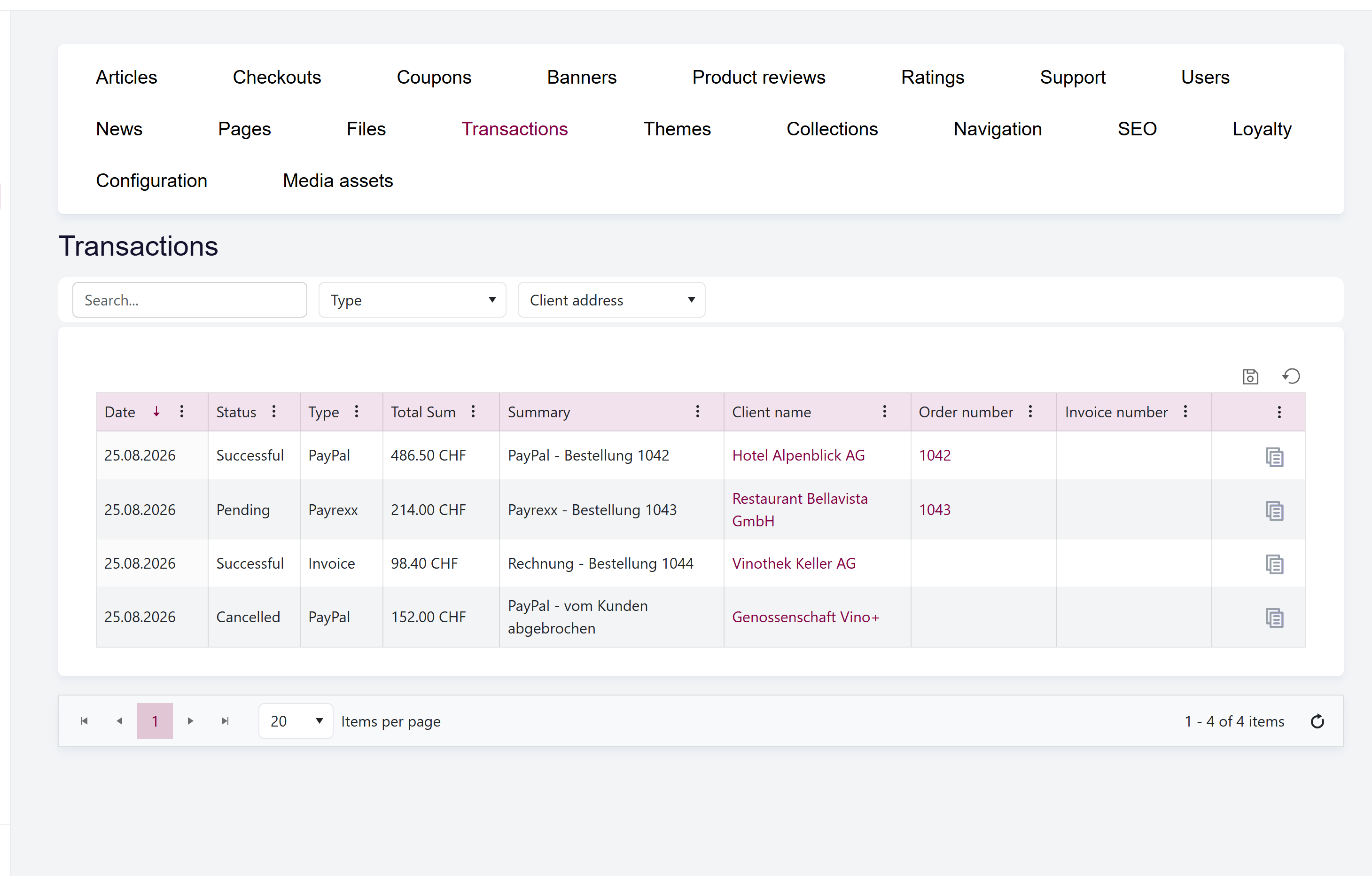 url: shop/transactions
The Transactions list with the Date, Status, Type, Total, and Summary columns, plus the filter bar above the grid.