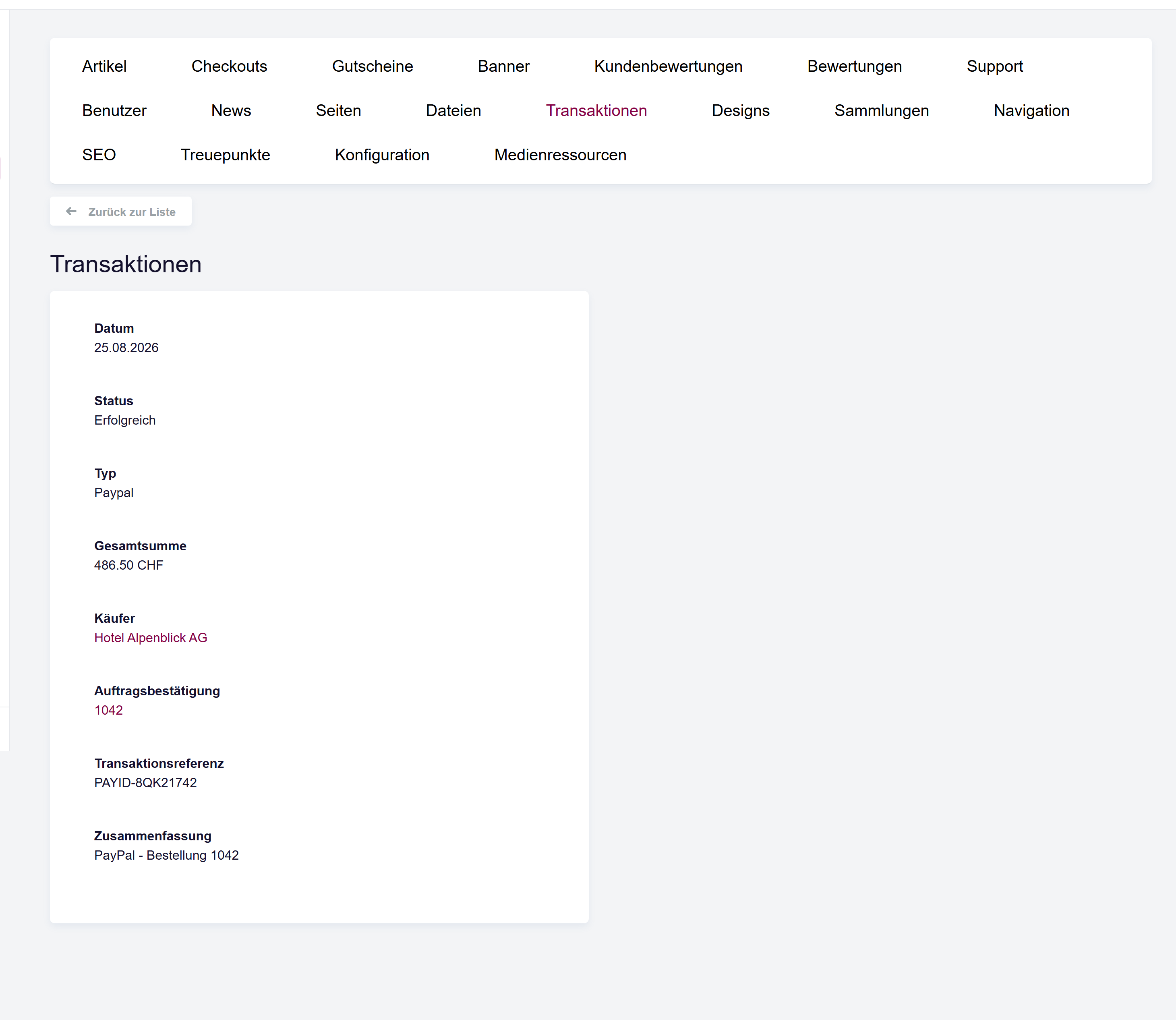 Die Transaktionsdetailseite mit den Feldern Käufer, Bestellbestätigung und Anbieterreferenz.