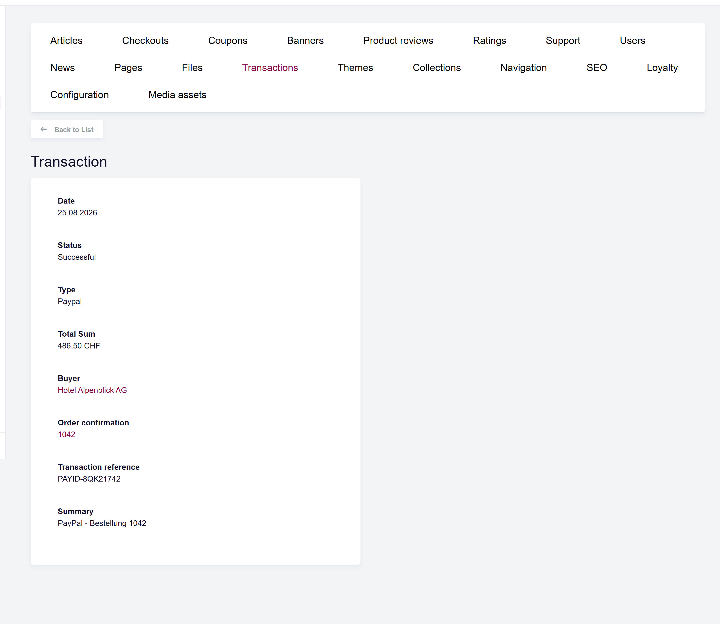 url: shop/transactions
steps:
  - openFirst: a.grid-action-item[href*="/shop/transactions/details/" i]
The transaction details page, showing the buyer, order confirmation, and provider reference fields.