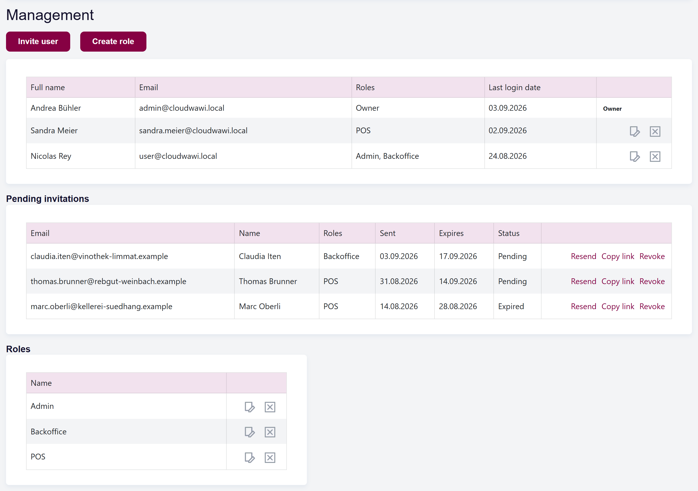 url: configuration/management
crop: .content-container
maxheight: 2600
The Management page showing the users grid, the Pending invitations grid below it, and the Roles grid at the bottom.
