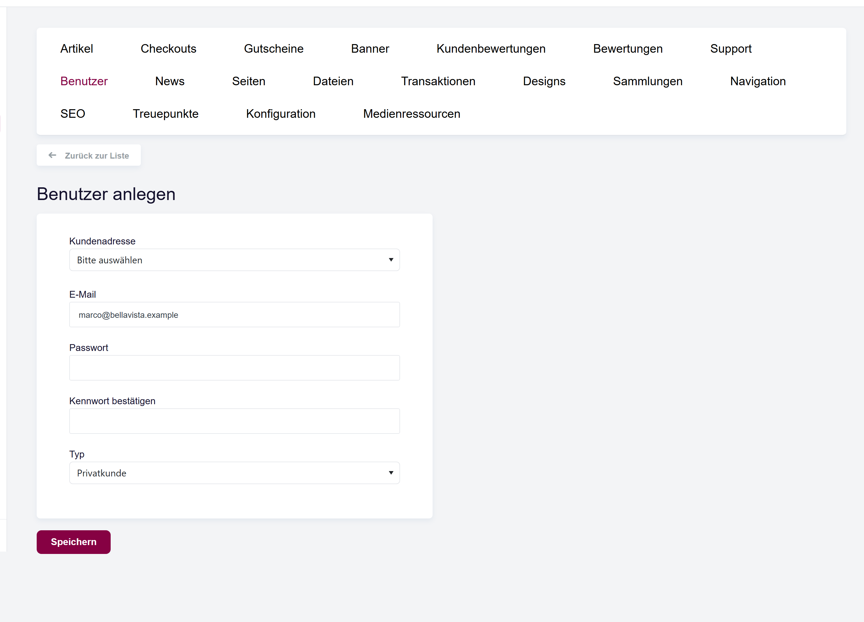 Das Formular zum Erstellen eines Benutzers mit Adresse, E-Mail, Passwort, Passwort bestätigen und Typ.