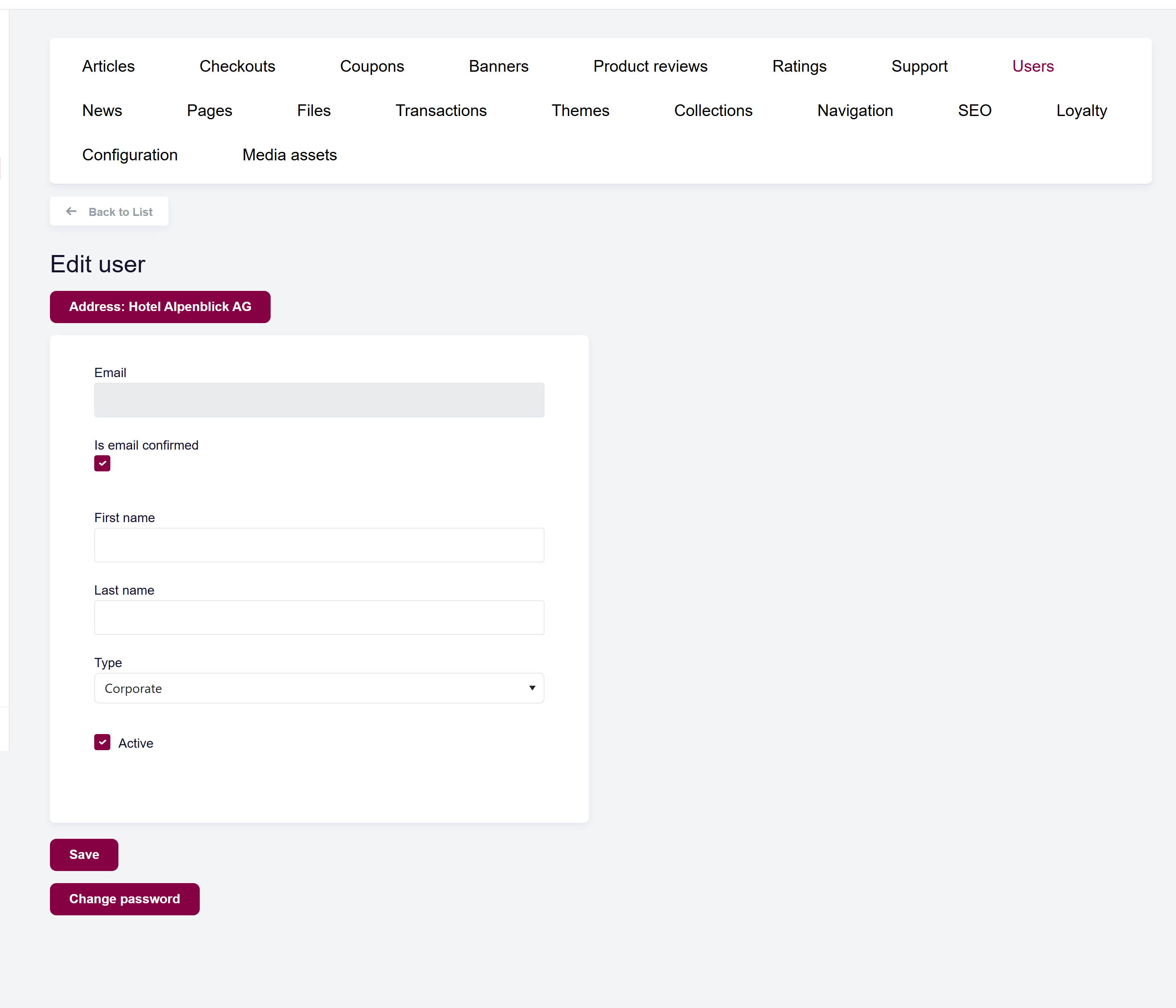 url: shop/users
steps:
  - openFirst: a.grid-action-item[href*="/shop/users/edit/" i]
The Edit user form with first name, last name, type, and active fields, plus the linked address and a link to change the password.