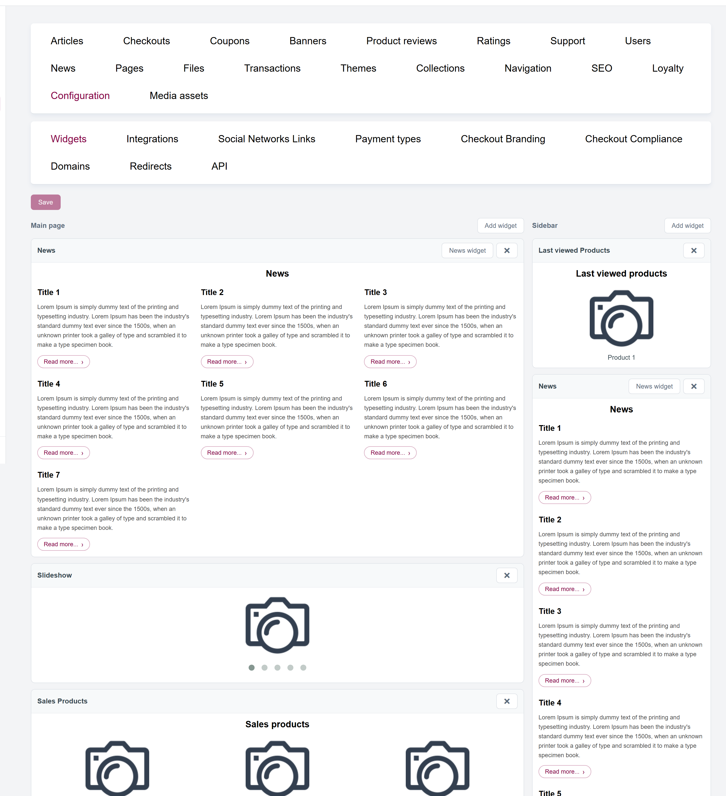 url: shop/shopwidgets
The Widgets screen with the main page column on the left and the right side column on the right, each showing its active widgets.